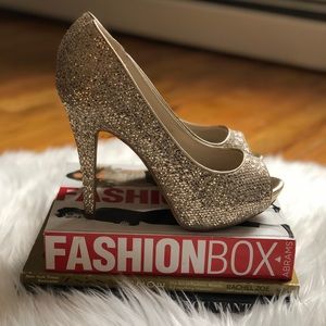 Aldo Nean Gold Glitter Peep Toe Heeled Shoes